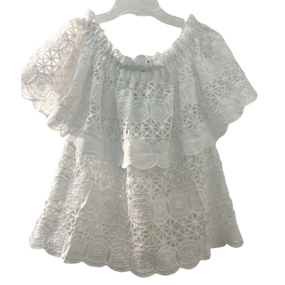 VIVID top, white lace, eyelet and embroidery.  Open weave, short full sleeves. - Picture 1 of 7